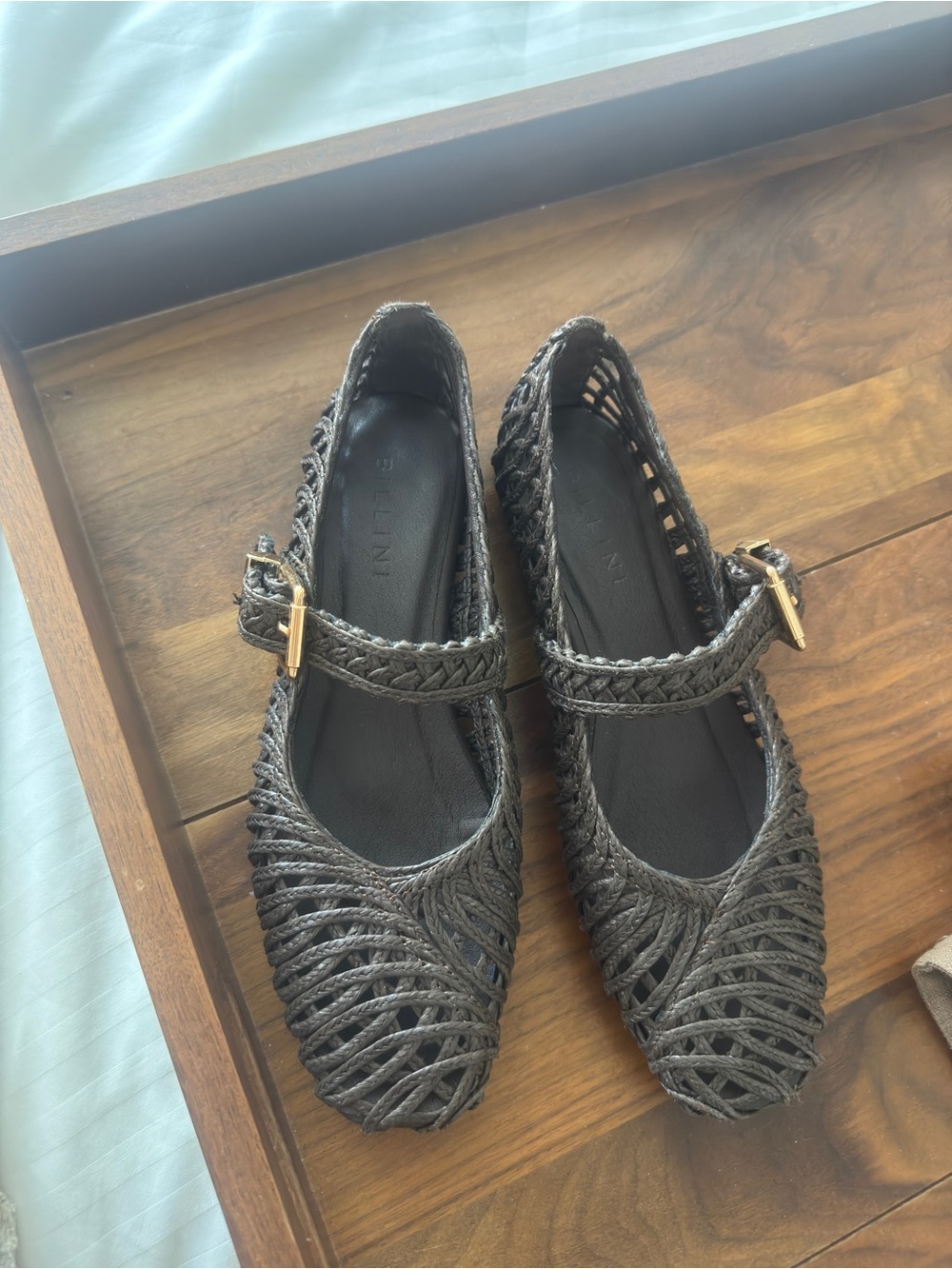 Billini Brown Woven Mary Jane Flats with Gold Buckle Accent